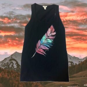 Guess Multicolor Feather Graphic Black Tank Top